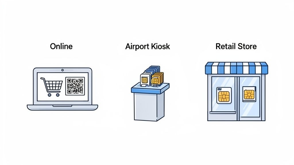 Illustration showing three different ways to acquire SIM cards: online, at an airport kiosk, and at a retail store.