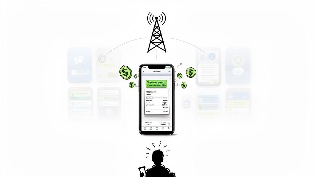 A smartphone screen displays a bill with dollar signs floating around it, connected to a cell tower, causing confusion for a person below.