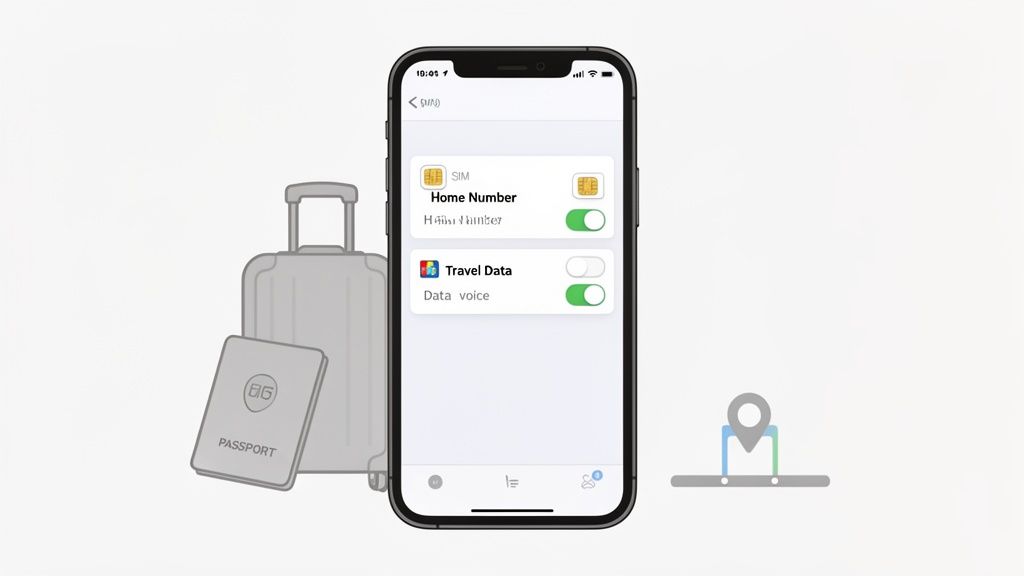 Smartphone screen managing eSIM settings for home and travel data, alongside a suitcase and passport.