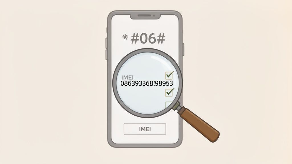 A smartphone screen showing *#06# and IMEI number magnified by a glass.
