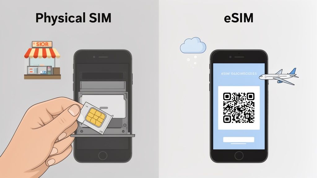 Side-by-side comparison of physical SIM card setup and digital eSIM activation for mobile connectivity.