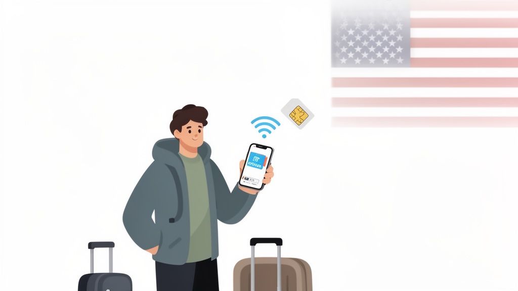 An animated traveler holds a smartphone with a SIM card, Wi-Fi symbol, and luggage, next to a faded US flag, representing easy travel connectivity.