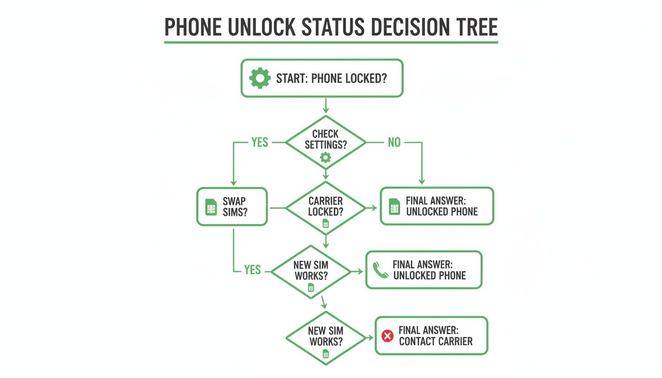 Flowchart explaining how to check if your mobile phone is unlocked or locked to a specific carrier.