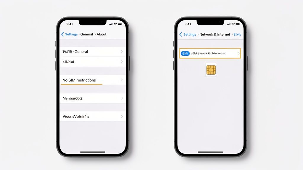 Two iPhones showing settings menus, one with 'No SIM restrictions' highlighted, indicating an unlocked phone.