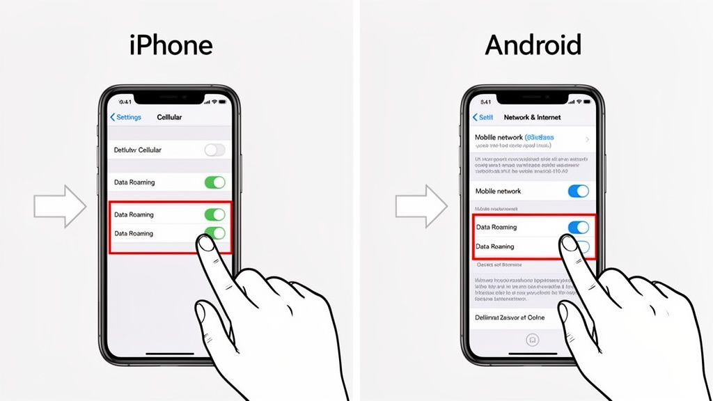 Comparison of data roaming settings on an iPhone and an Android phone, with a finger tapping the toggle.