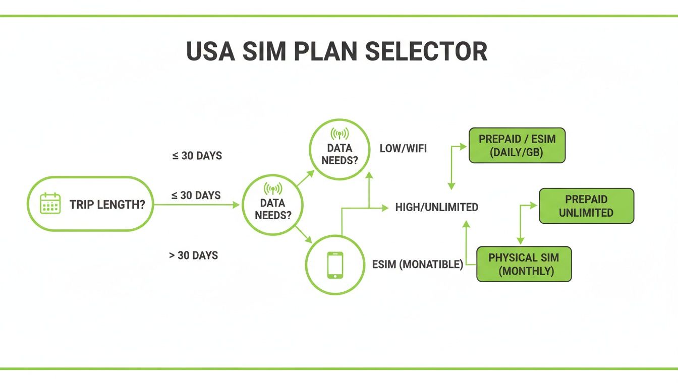 Flowchart showing USA SIM plan selection based on trip length, data needs, and eSIM options.
