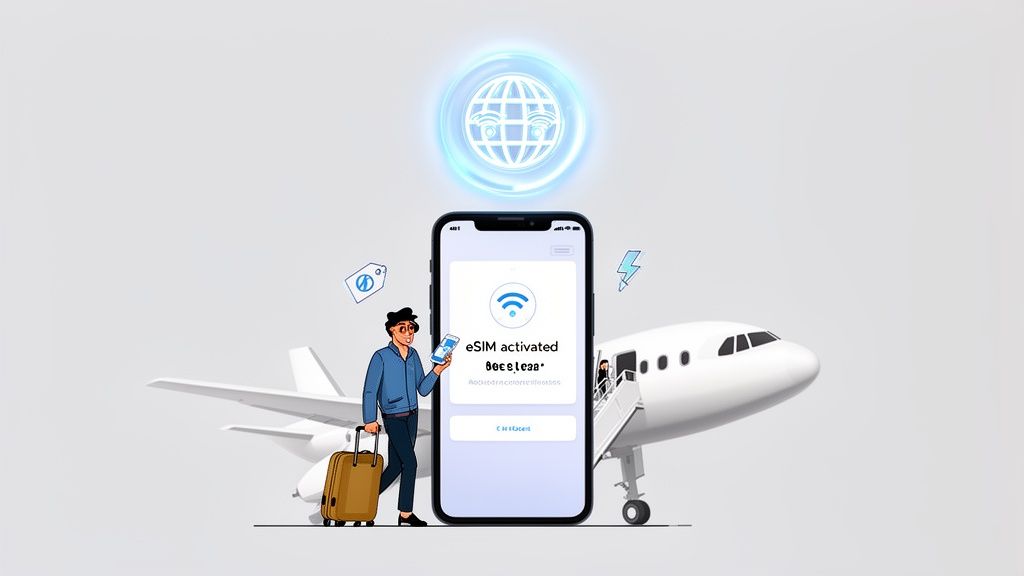 Man activates eSIM on smartphone for global travel internet near an airplane.