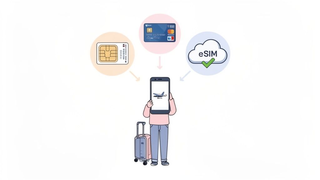 Illustration of a traveler using a smartphone, showing options for physical SIM, credit card, and eSIM for connectivity.
