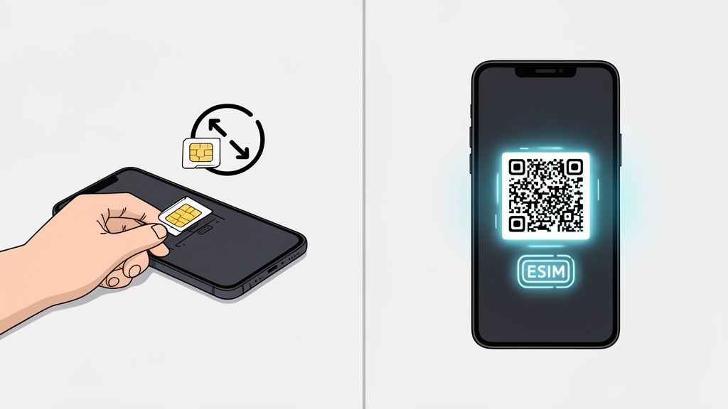 Hand inserting a physical SIM card into a phone next to a phone with a glowing eSIM QR code.