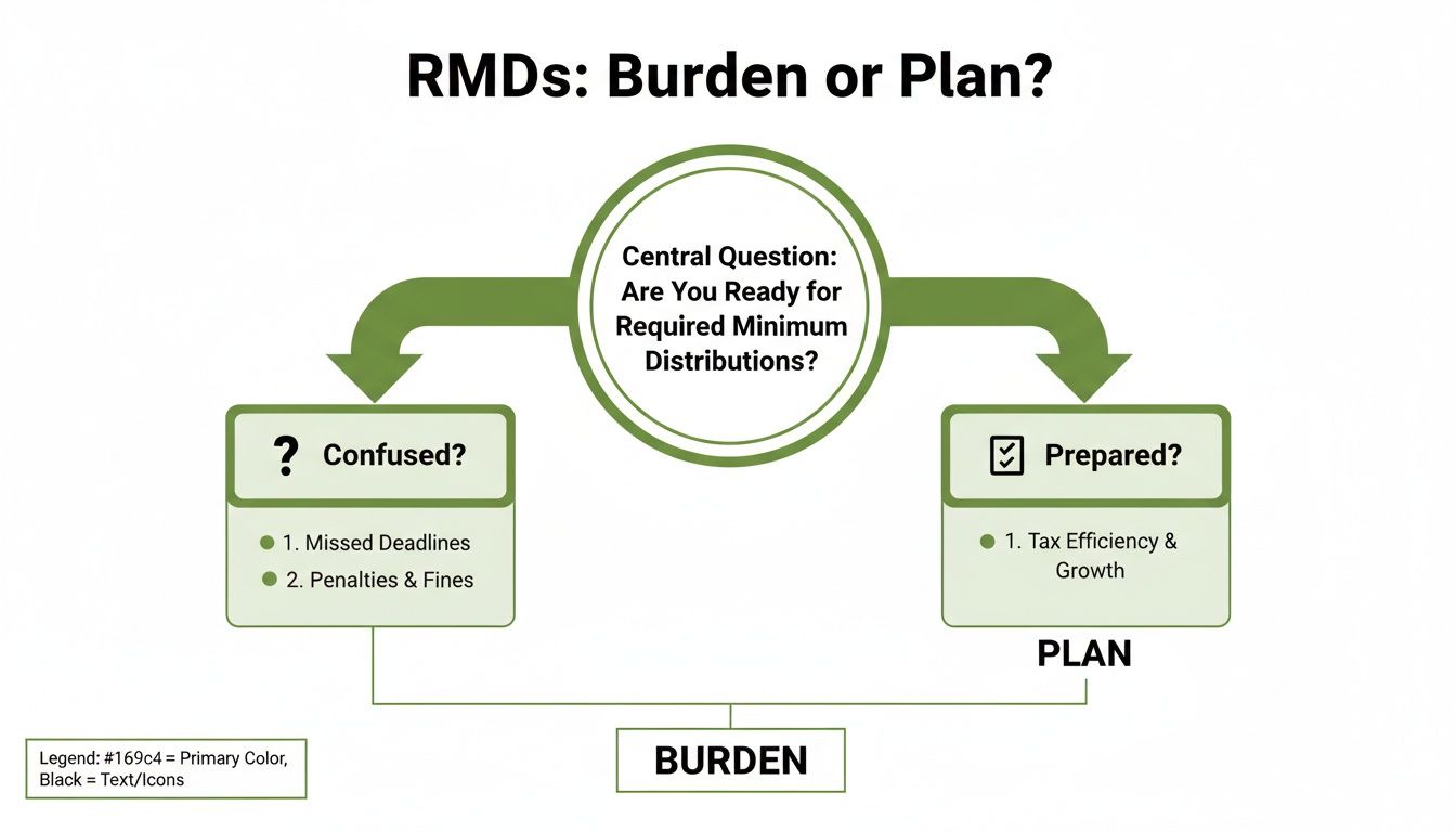 Flowchart on Required Minimum Distributions, showing paths to burden (confused) or plan (prepared).