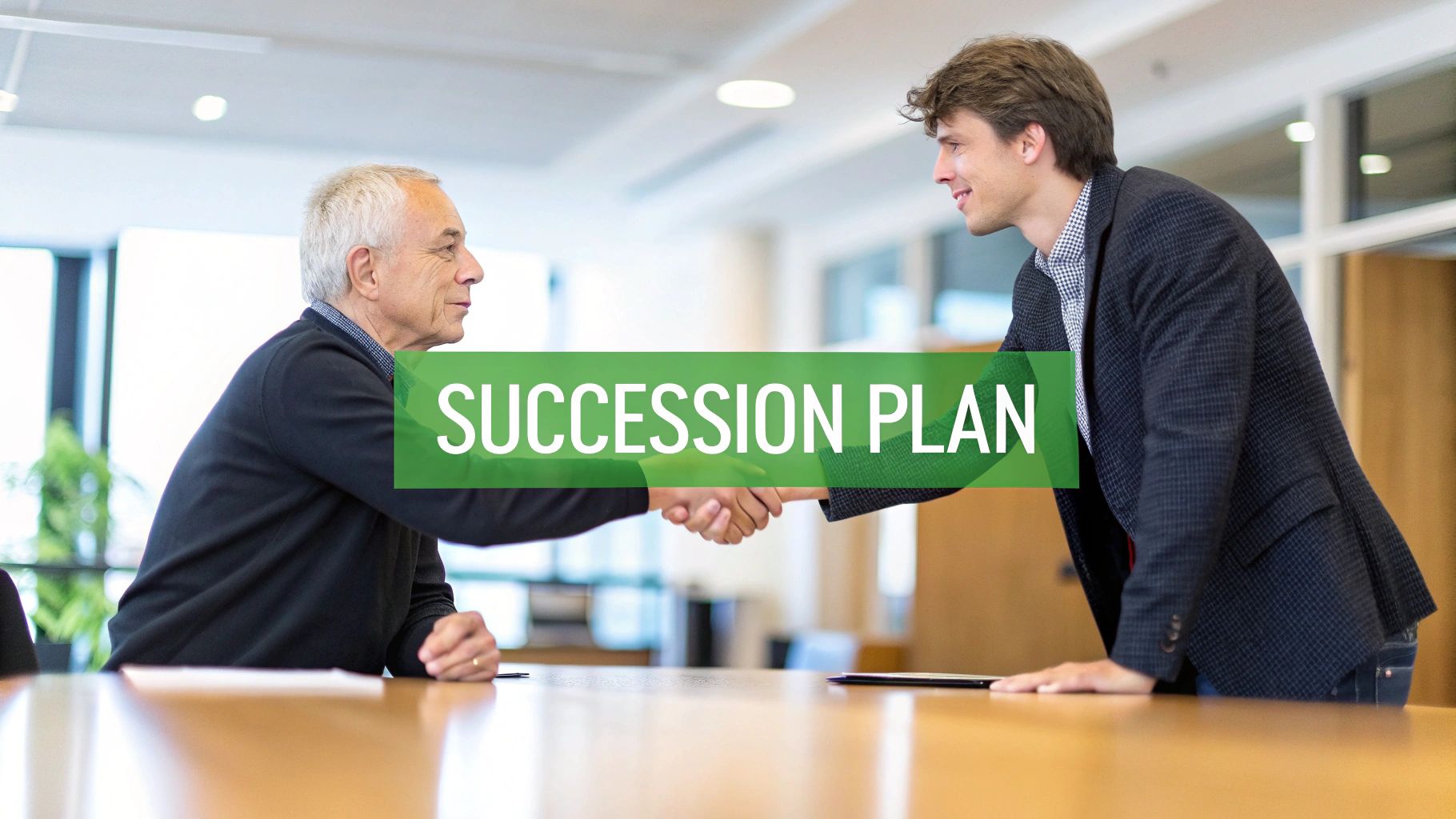 An older man and a younger man shake hands over a table with 'SUCCESSION PLAN' text.