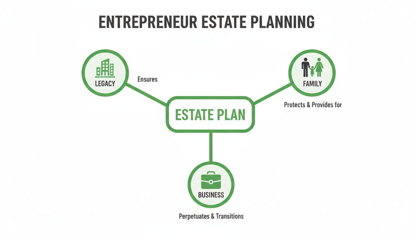 Entrepreneur Estate Planning diagram illustrating how an estate plan connects legacy, family, and business.