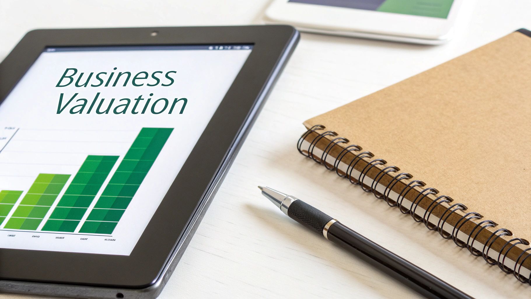 A tablet displays "Business Valuation" with a green bar chart, next to a pen and notebook.