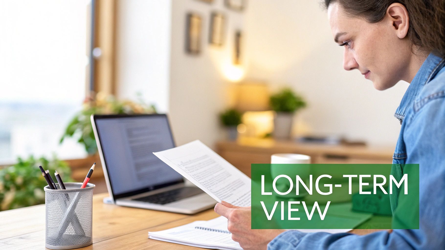 A woman reviewing documents at a desk with a laptop, focusing on a long-term view.