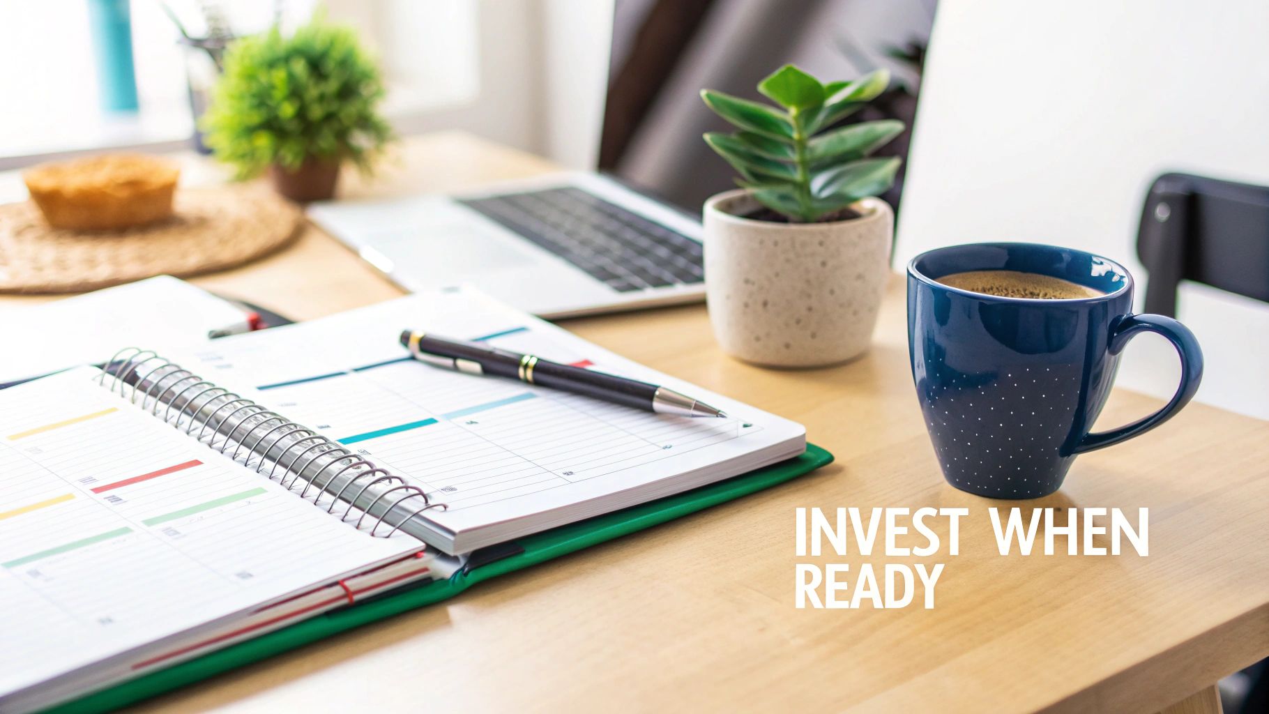 A wooden desk with an open planner, pen, laptop, plant, and a blue coffee mug.