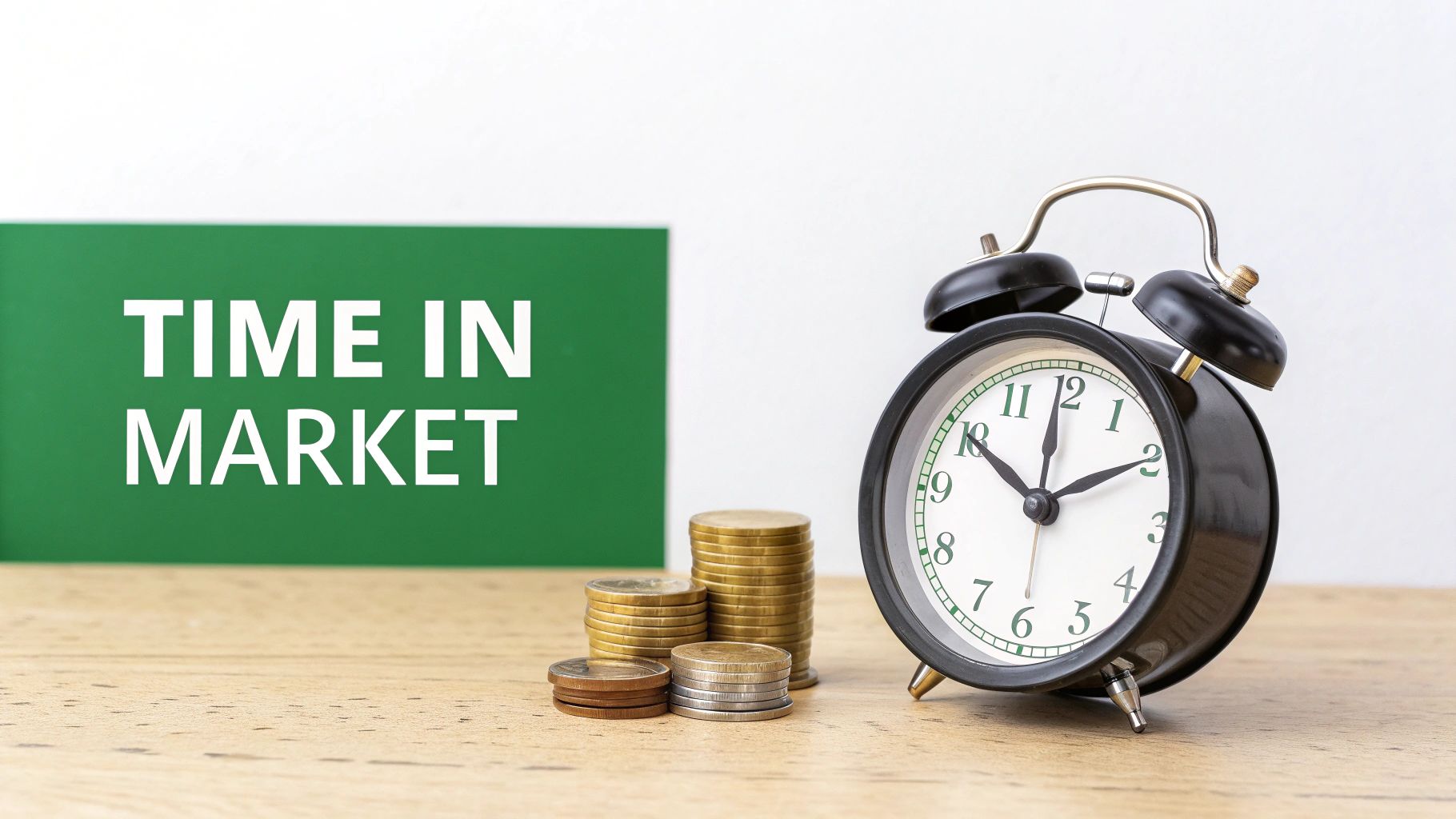 A green sign with 'TIME IN MARKET' next to an alarm clock and coin stacks on a wooden table.
