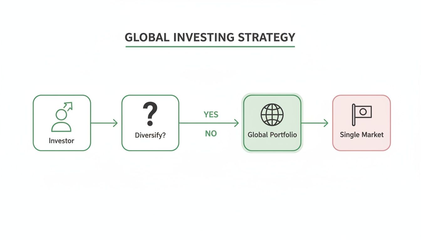 A flowchart outlining a global investing strategy, showing choices between a global portfolio and a single market.