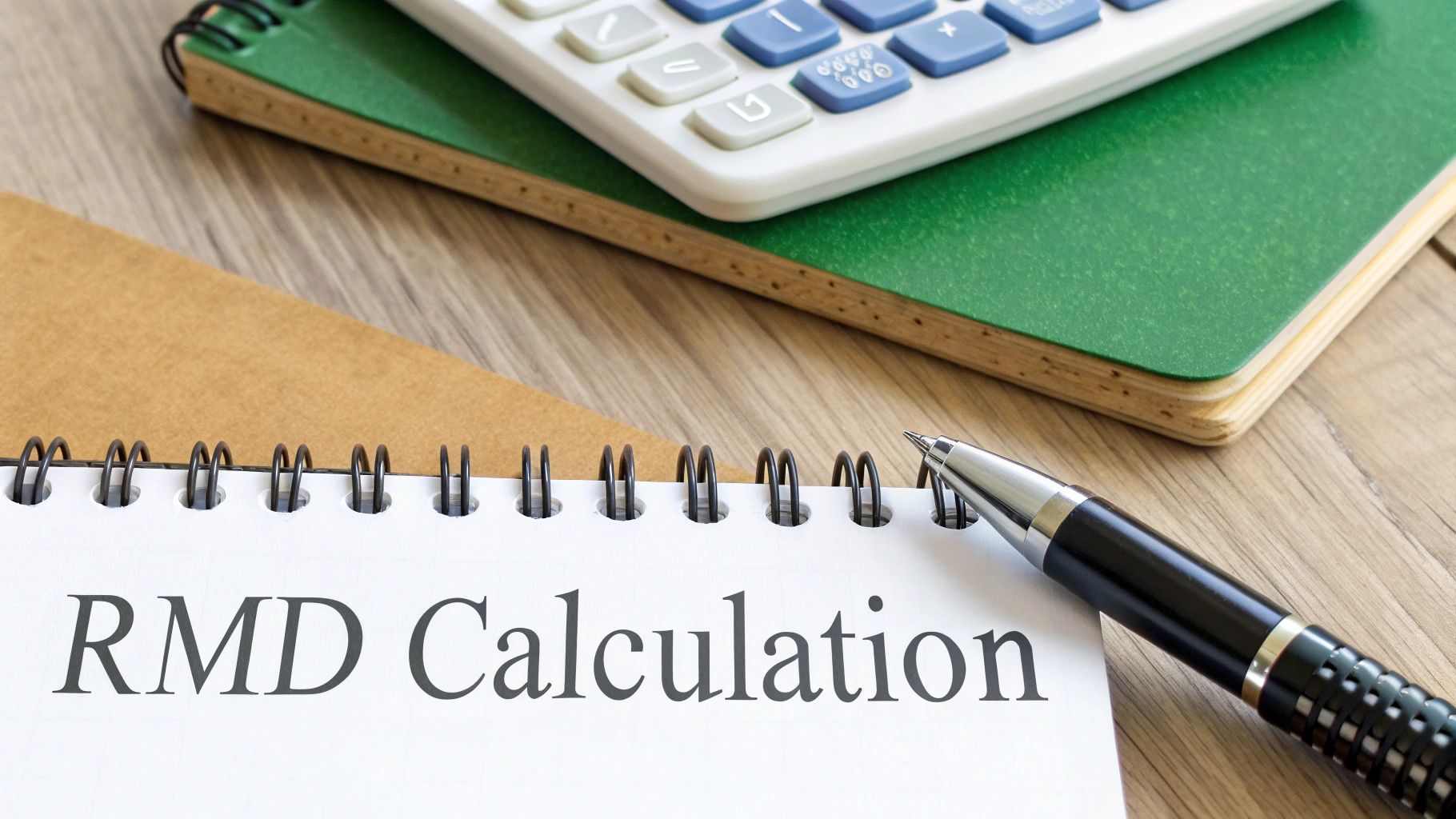 A spiral notebook displaying 'RMD Calculation' with a pen, calculator, and other notebooks on a wooden desk.