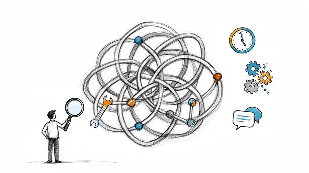 A person analyzes a complex knot structure with a magnifying glass and wrench, near time, gears, and speech bubbles.