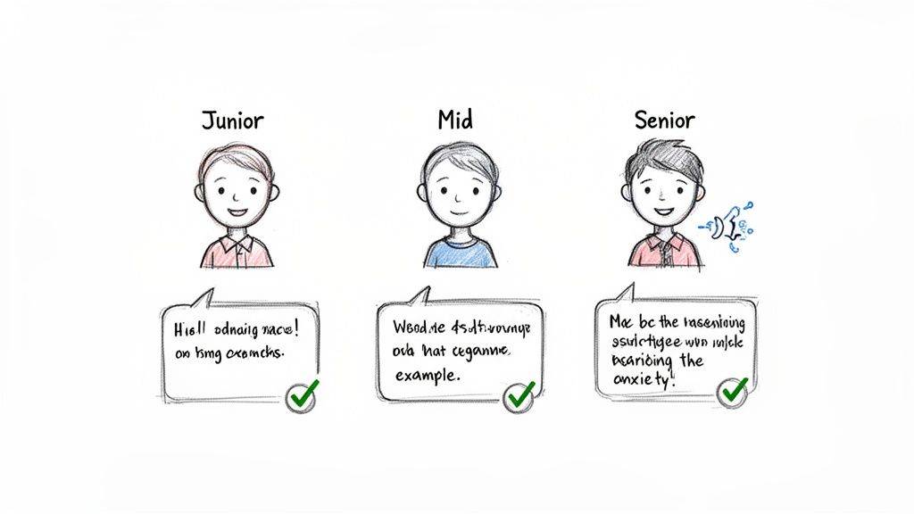 Cartoon illustration showing junior, mid, and senior employee levels, each with a speech bubble.