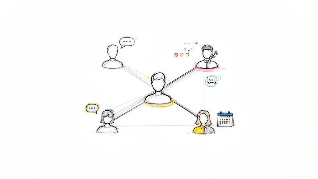 A hand-drawn sketch showing a central person connected to four others, symbolizing networking and communication.