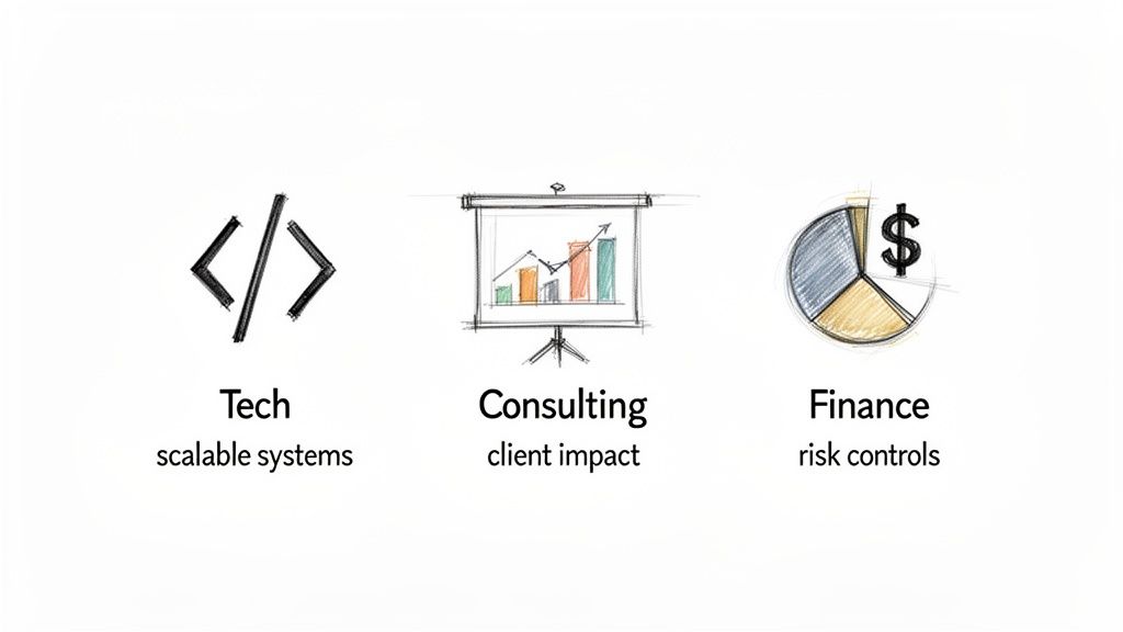 Icons representing Tech, Consulting, and Finance, highlighting scalable systems, client impact, and risk controls.