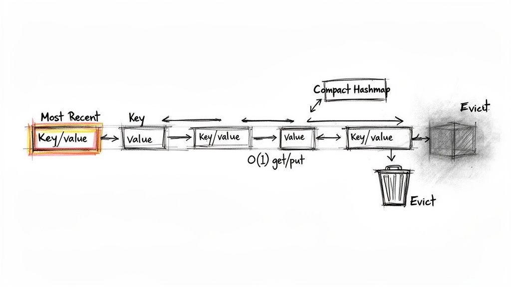 A hand-drawn diagram illustrating an LRU cache data structure, featuring a doubly linked list and a compact hashmap.
