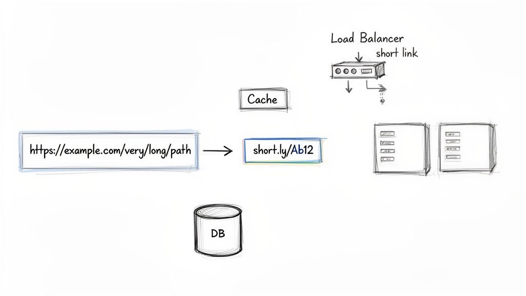 Diagram showing a URL shortening service architecture with long URL to short URL conversion, cache, DB, load balancer, and servers.