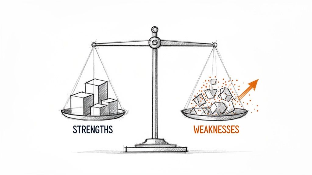 A hand-drawn sketch of a balance scale showing strengths as solid blocks and weaknesses as crumbling blocks with an orange arrow.