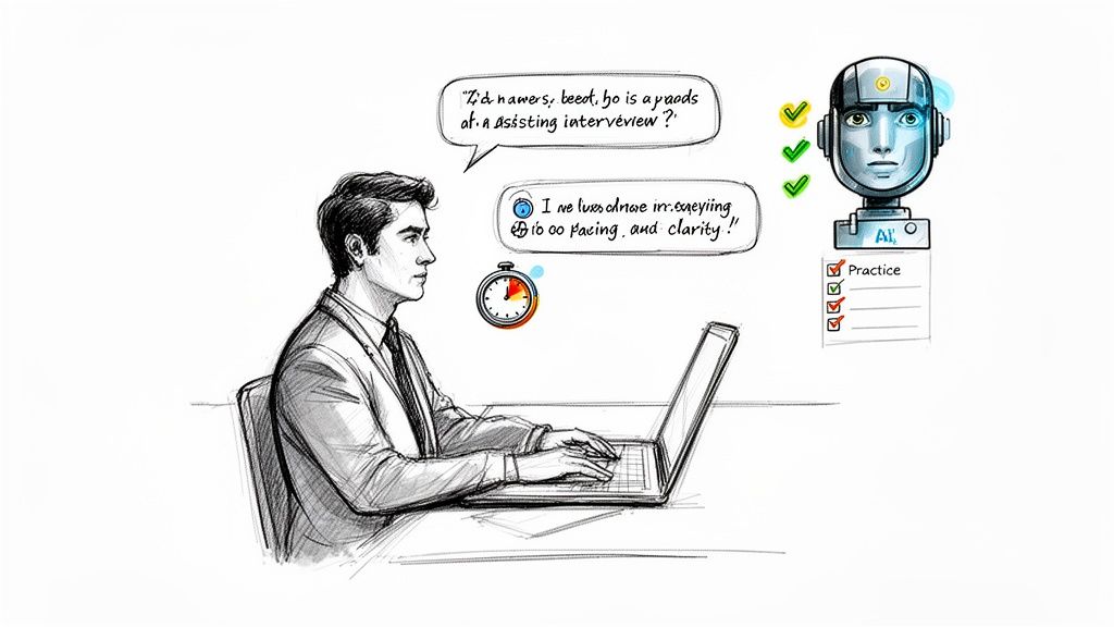 A man practices an interview on a laptop with an AI assistant, featuring a timer and checklist.