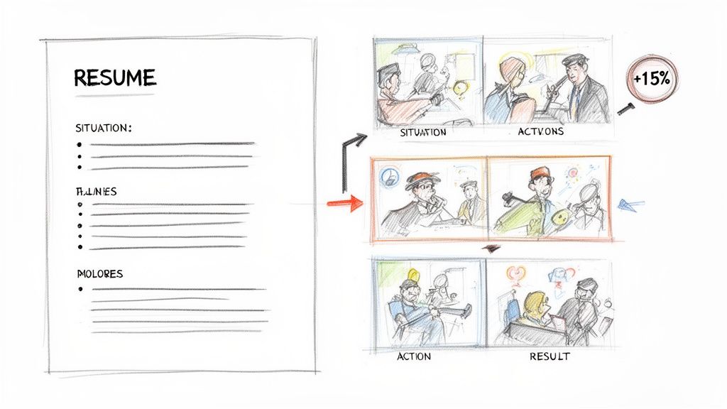 A drawing illustrating resume structure on left, contrasting with a storyboard demonstrating situation, actions, and results.