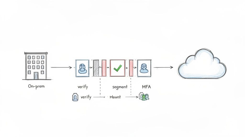 Process diagram illustrating cybersecurity authentication from on-premise to cloud using verification and multi-factor authentication.