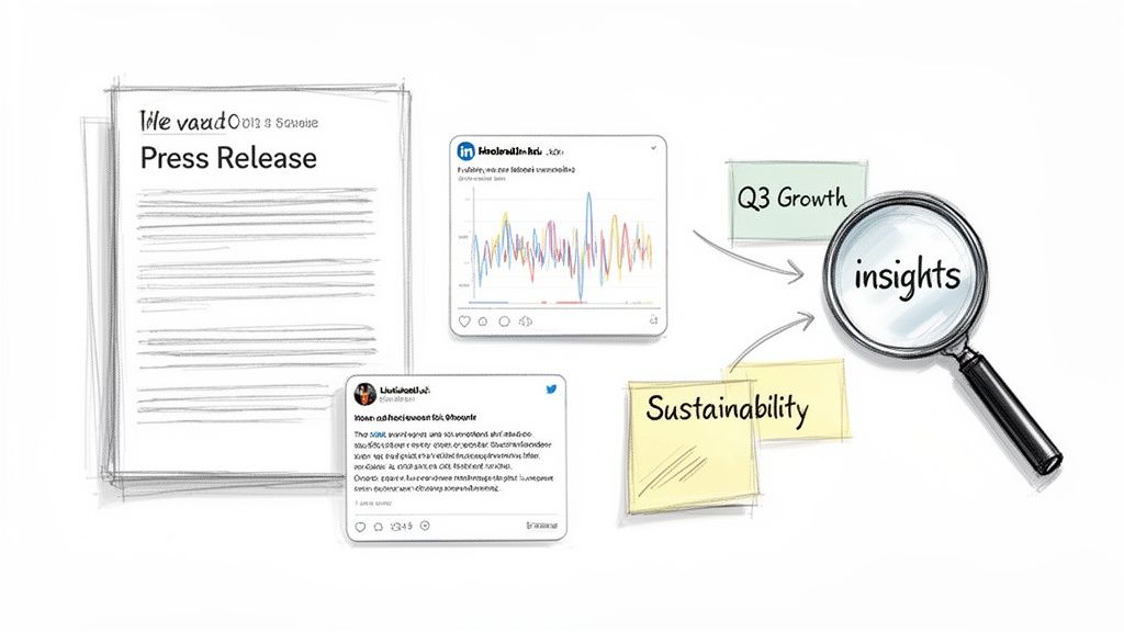 Illustration showing data from press releases, social media, and notes analyzed for business insights.