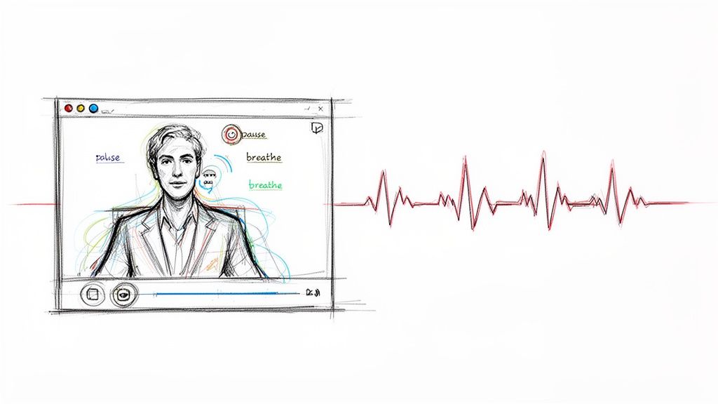Sketch of a digital interface showing a man with breathing prompts and a dynamic heart rate monitor.