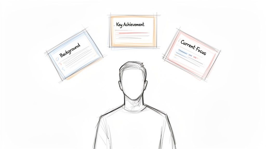 A line drawing of a person with three floating cards above their head: 'Background', 'Key Achievement', and 'Current Focus'.
