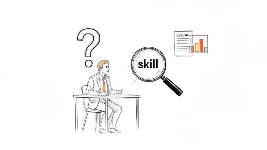 A man at a desk with a question mark, a magnifying glass on 'skill', and a resume.