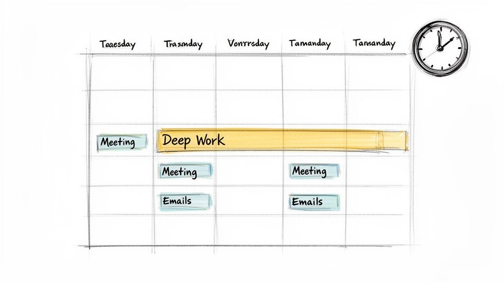 A hand-drawn calendar illustrating a work schedule with dedicated 'Deep Work' time, meetings, and emails.