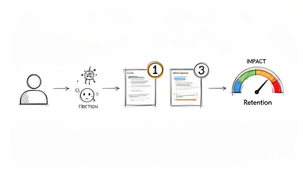 A process diagram illustrating a user overcoming friction through content to achieve high retention and impact.