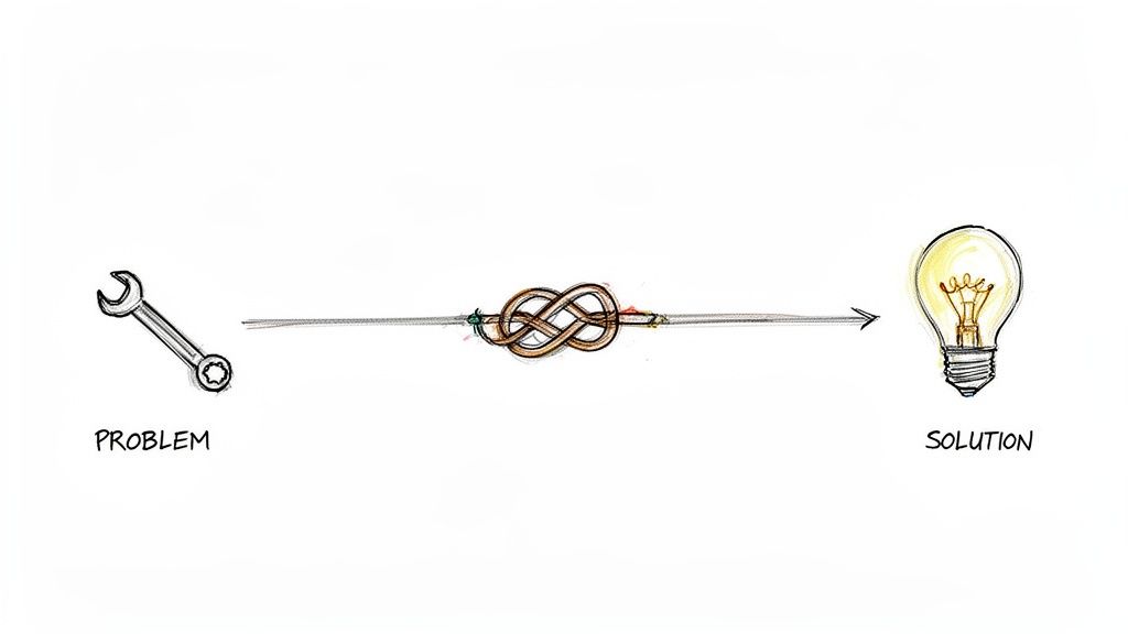 A diagram shows a problem (wrench) leading through a complex knot to a bright solution (lightbulb).