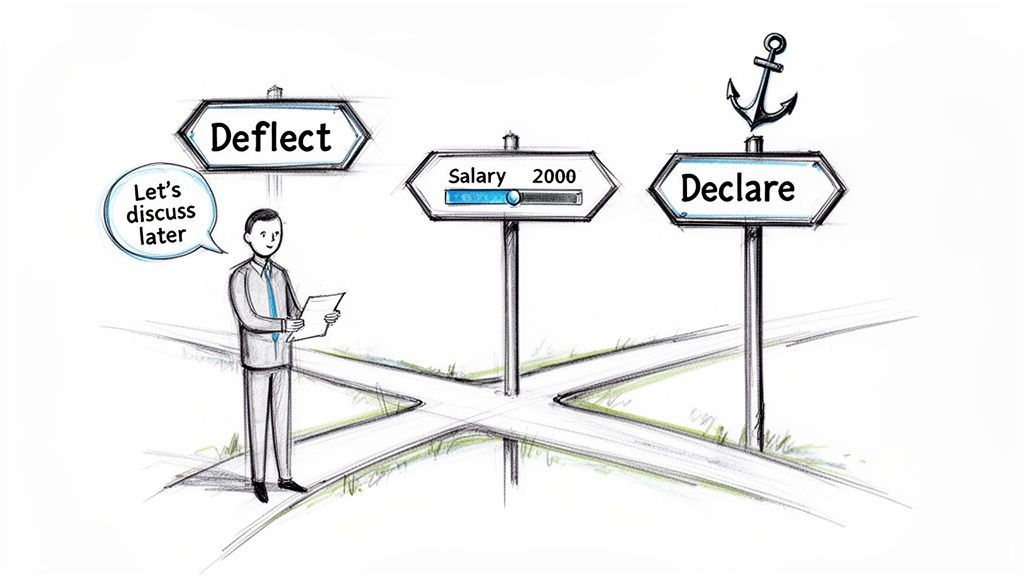 Illustration of a man at a three-way crossroads deciding on salary negotiation strategies: Deflect, Salary, or Declare.