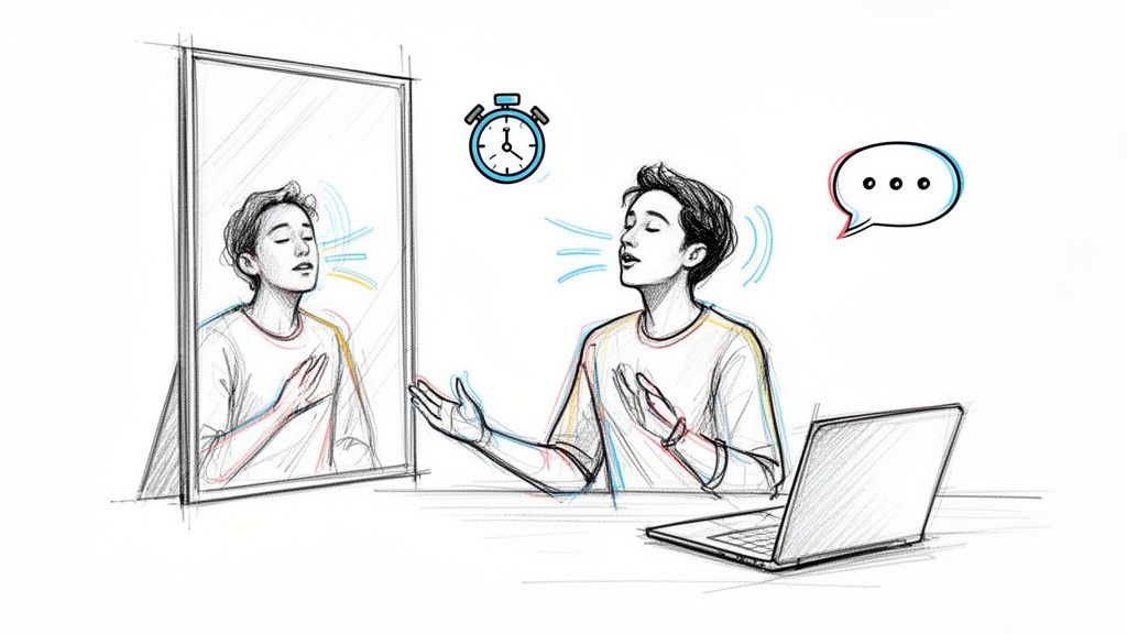 A young man practices speaking and vocal delivery in a mirror, preparing for an important conversation.