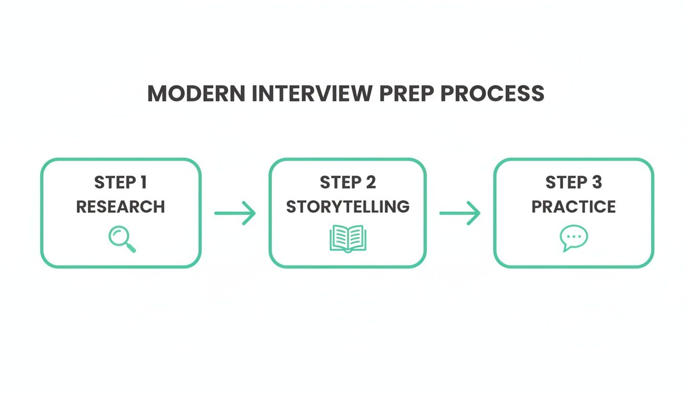 Flowchart detailing the modern interview preparation process: Research, Storytelling, and Practice.