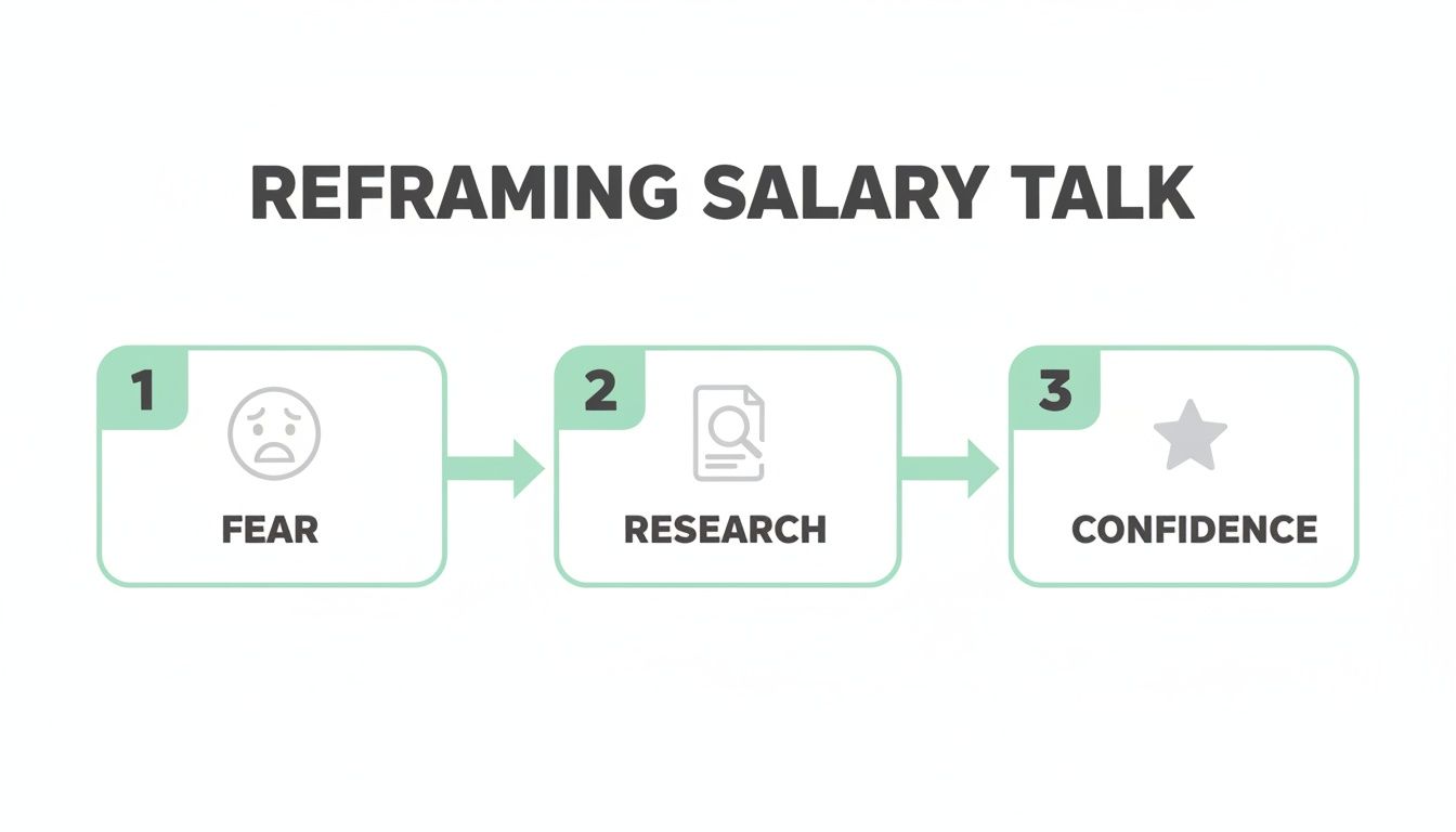 An infographic showing a 3-step process for reframing salary talk: Fear, Research, and Confidence.