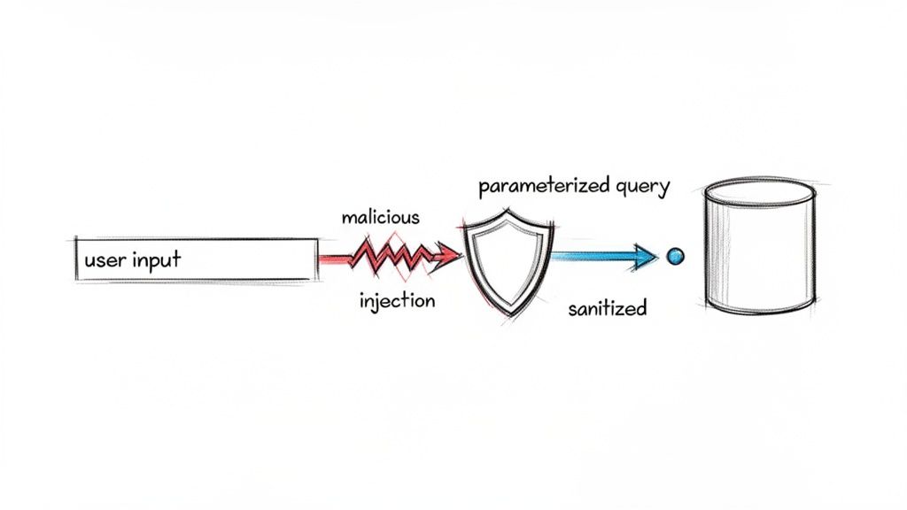 Diagram illustrating user input being sanitized into a parameterized query, preventing malicious injection before reaching a database.