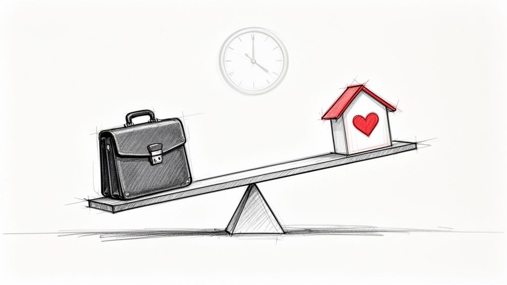 Pencil sketch illustrating work-life imbalance, with a heavy briefcase outweighing a house and heart.
