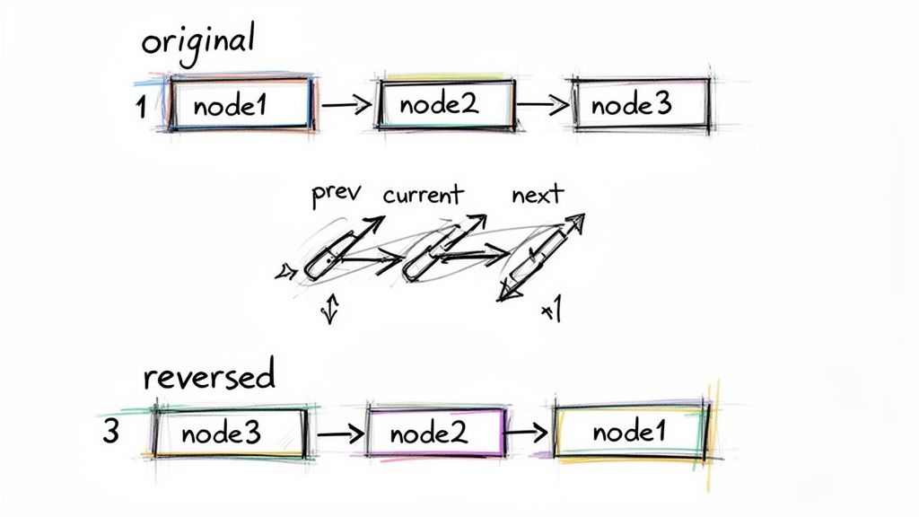 Diagram illustrating the process of reversing a linked list from original to reversed state.