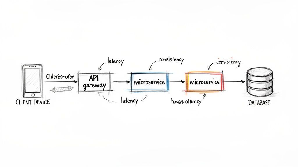 A diagram showing a client device, API gateway, microservices, and database interaction, highlighting latency and consistency.