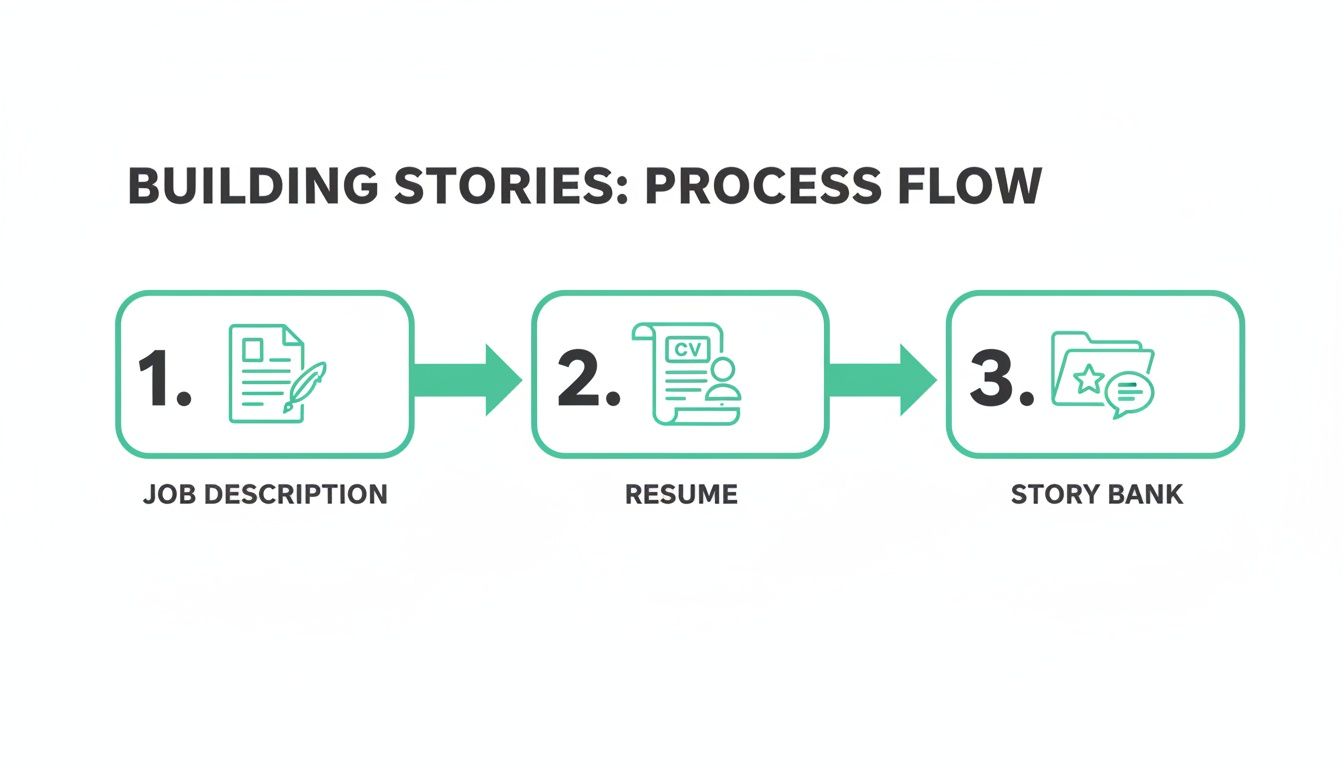 A three-step process flow for building stories, showing job description, resume, and story bank.