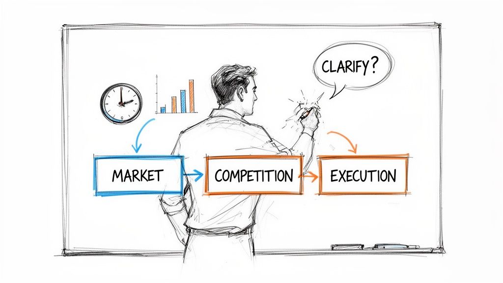 A man draws a flowchart on a whiteboard explaining market, competition, and execution stages.