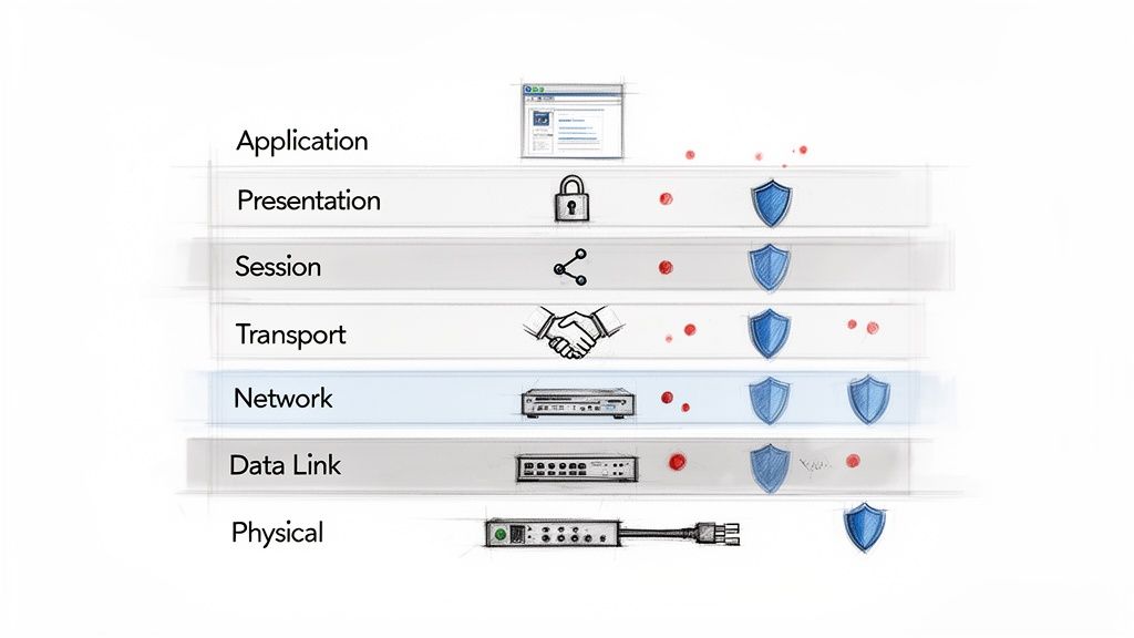 Diagram illustrating the 7 layers of the OSI model with corresponding icons and security shields.